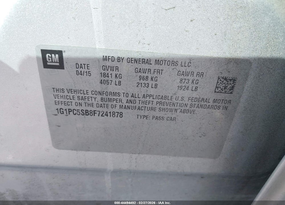 2015 CHEVROLET CRUZE 1LT AUTO VIN: 1G1PC5SB8F7241878