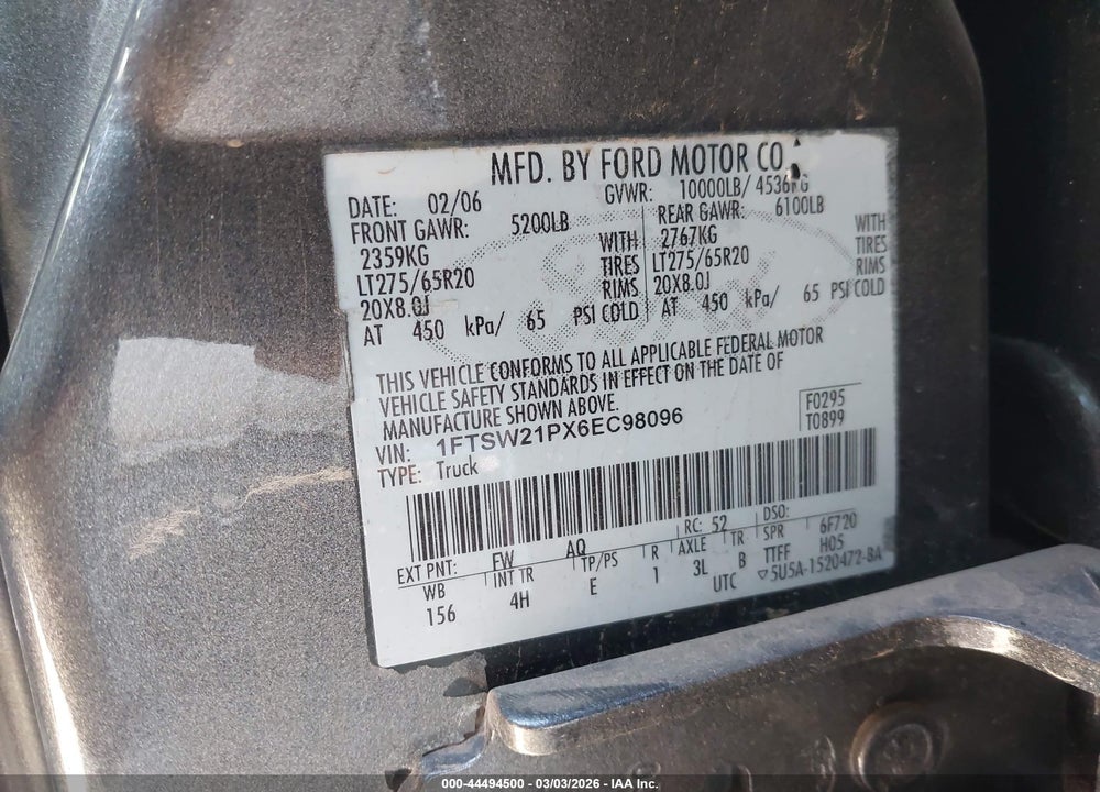 2006 FORD F-250 LARIAT/XL/XLT VIN: 1FTSW21PX6EC98096