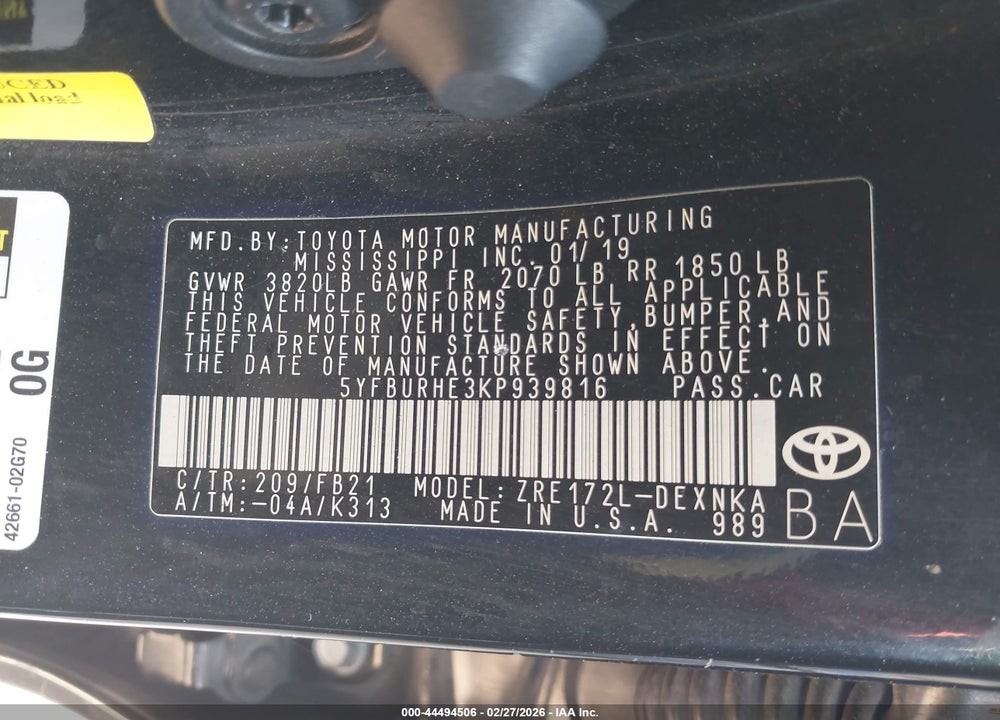 2019 TOYOTA COROLLA LE VIN: 5YFBURHE3KP939816
