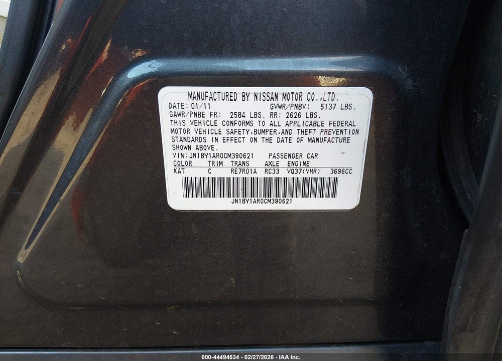 2012 INFINITI M37X VIN: JN1BY1AR0CM390621