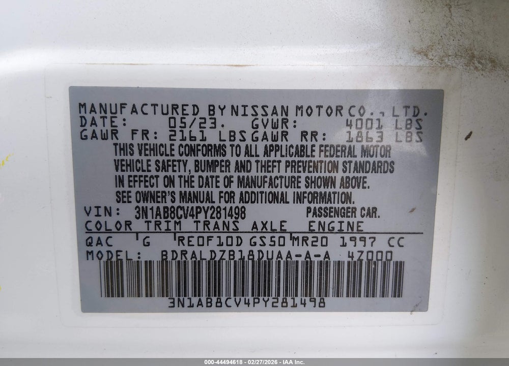 2023 NISSAN SENTRA SV XTRONIC CVT VIN: 3N1AB8CV4PY281498