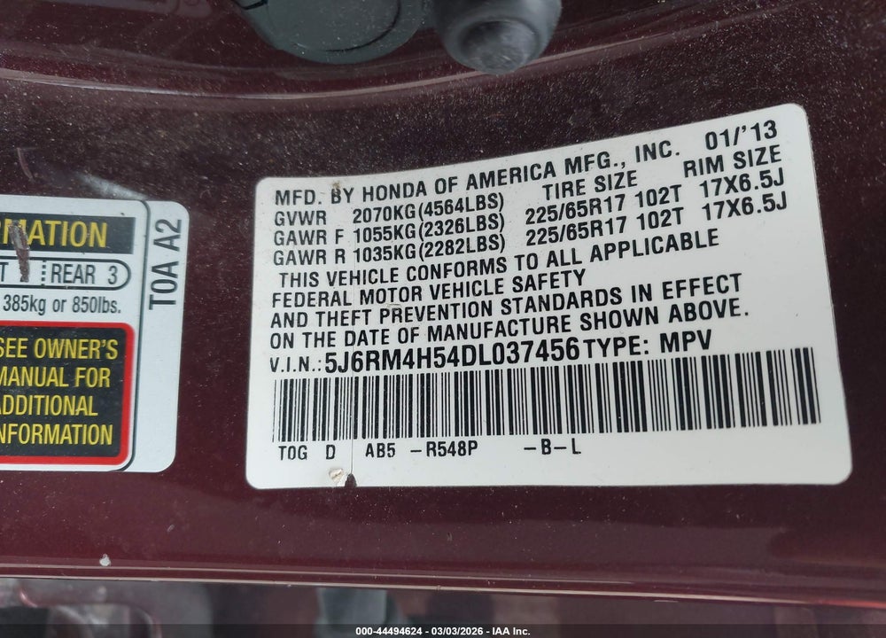 2013 HONDA CR-V EX VIN: 5J6RM4H54DL037456