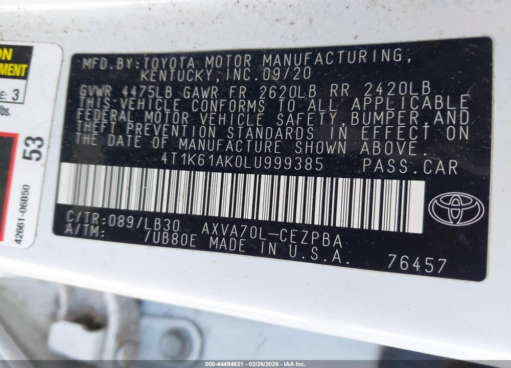 2020 TOYOTA CAMRY XSE VIN: 4T1K61AK0LU999385