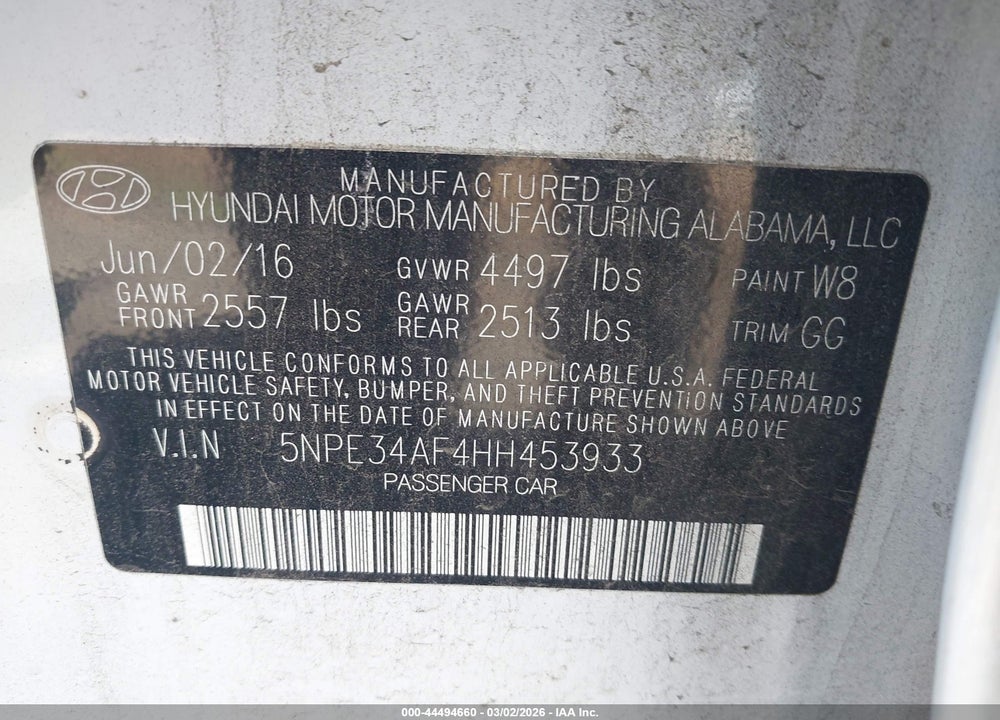2017 HYUNDAI SONATA LIMITED VIN: 5NPE34AF4HH453933