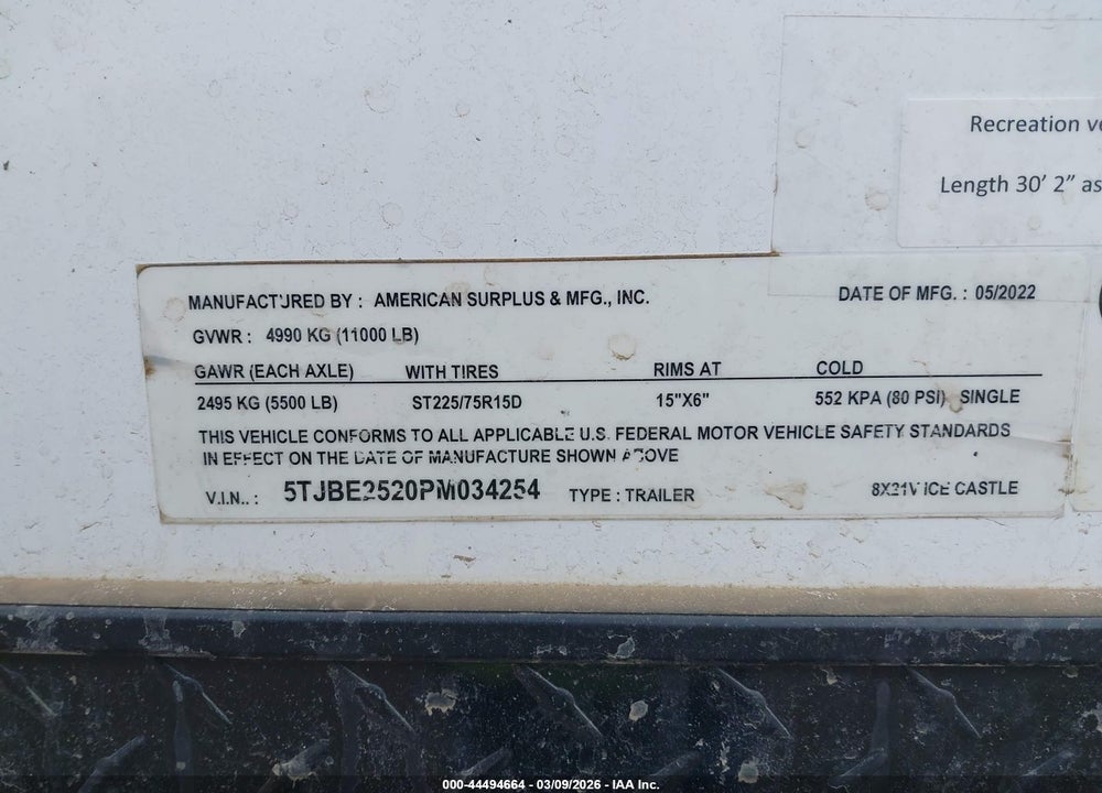 2023 OTHER VIN: 5TJBE2520PM034254