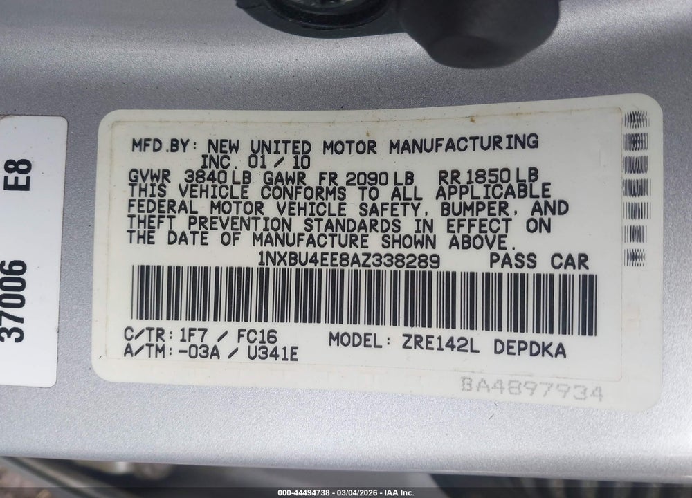 2010 TOYOTA COROLLA LE VIN: 1NXBU4EE8AZ338289