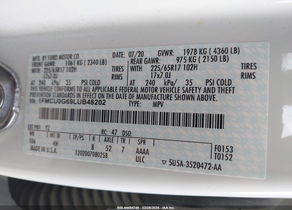 2020 FORD ESCAPE SE VIN: 1FMCU0G69LUB48202