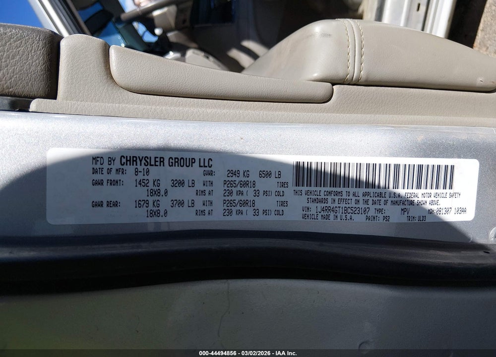 2011 JEEP GRAND CHEROKEE LAREDO VIN: 1J4RR4GT1BC523107