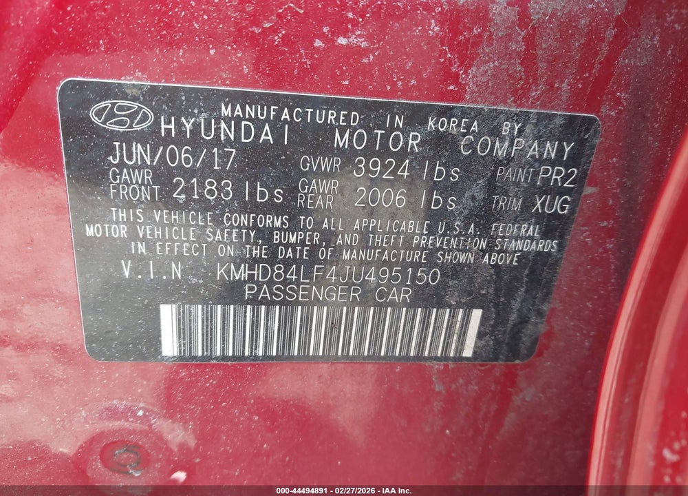 2018 HYUNDAI ELANTRA VALUE EDITION VIN: KMHD84LF4JU495150