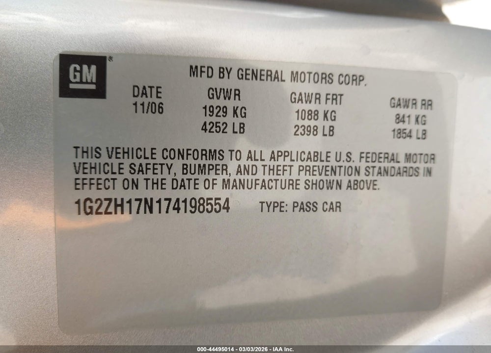 2007 PONTIAC G6 GT VIN: 1G2ZH17N174198554