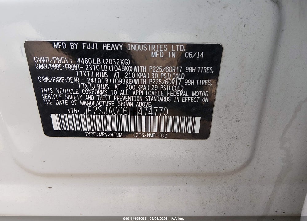 2015 SUBARU FORESTER 2.5I PREMIUM VIN: JF2SJAGC6FH474770