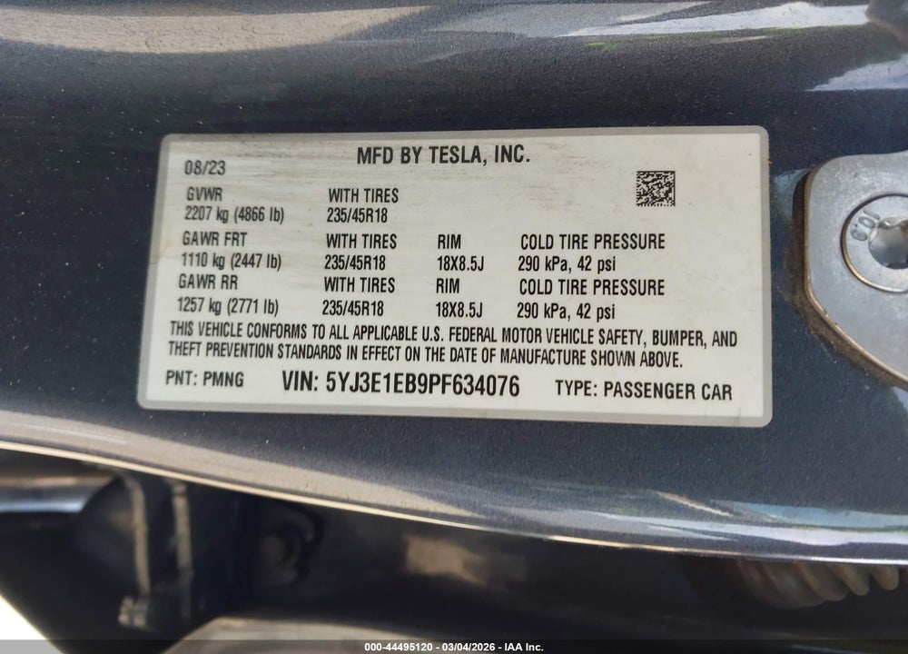 2023 TESLA MODEL 3 LONG RANGE DUAL MOTOR ALL-WHEEL DRIVE VIN: 5YJ3E1EB9PF634076