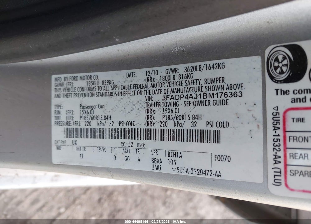 2011 FORD FIESTA S VIN: 3FADP4AJ1BM176363