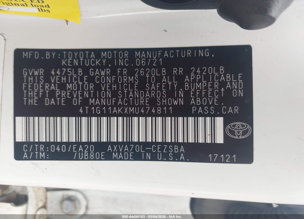 2021 TOYOTA CAMRY SE VIN: 4T1G11AKXMU474811