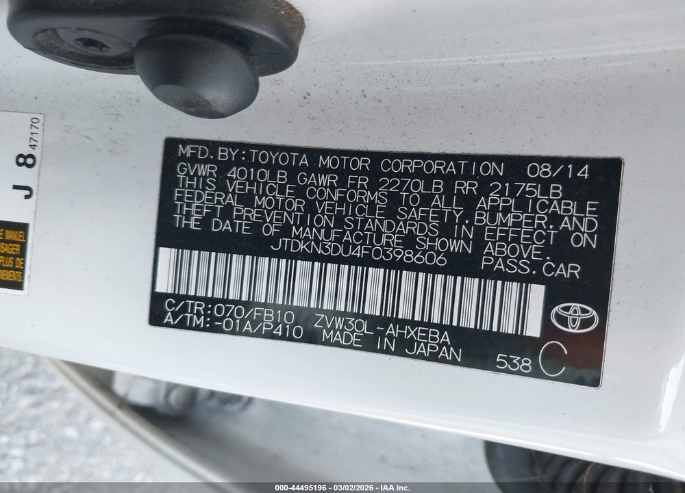 2015 TOYOTA PRIUS TWO VIN: JTDKN3DU4F0398606