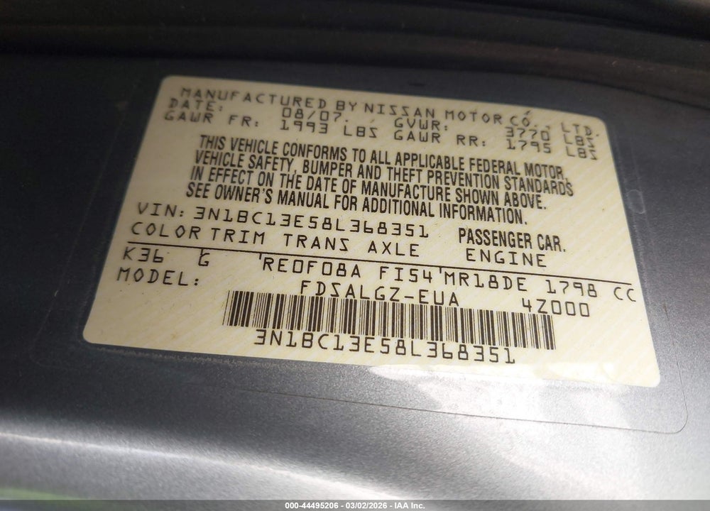 2008 NISSAN VERSA 1.8SL VIN: 3N1BC13E58L368351