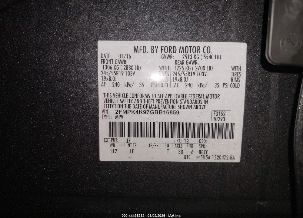 2016 FORD EDGE TITANIUM VIN: 2FMPK4K97GBB16859