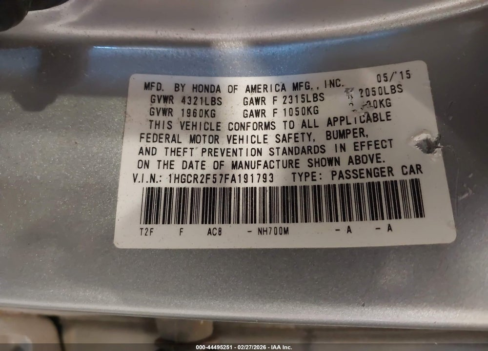 2015 HONDA ACCORD SPORT VIN: 1HGCR2F57FA191793