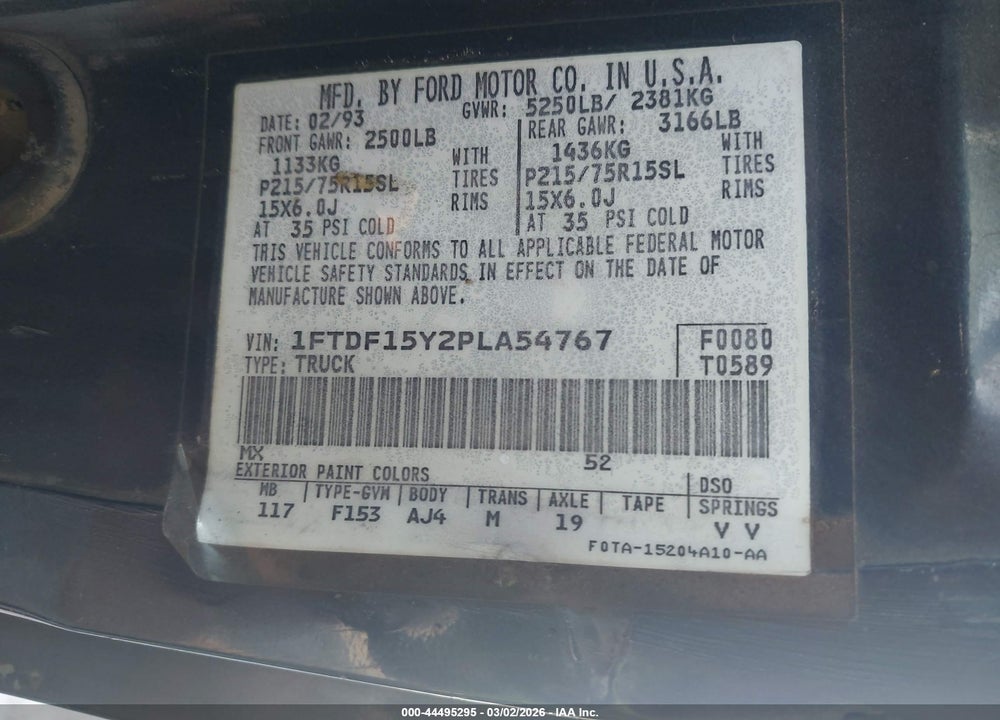 1993 FORD F150 VIN: 1FTDF15Y2PLA54767