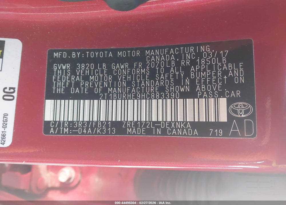 2017 TOYOTA COROLLA LE VIN: 2T1BURHE9HC883390