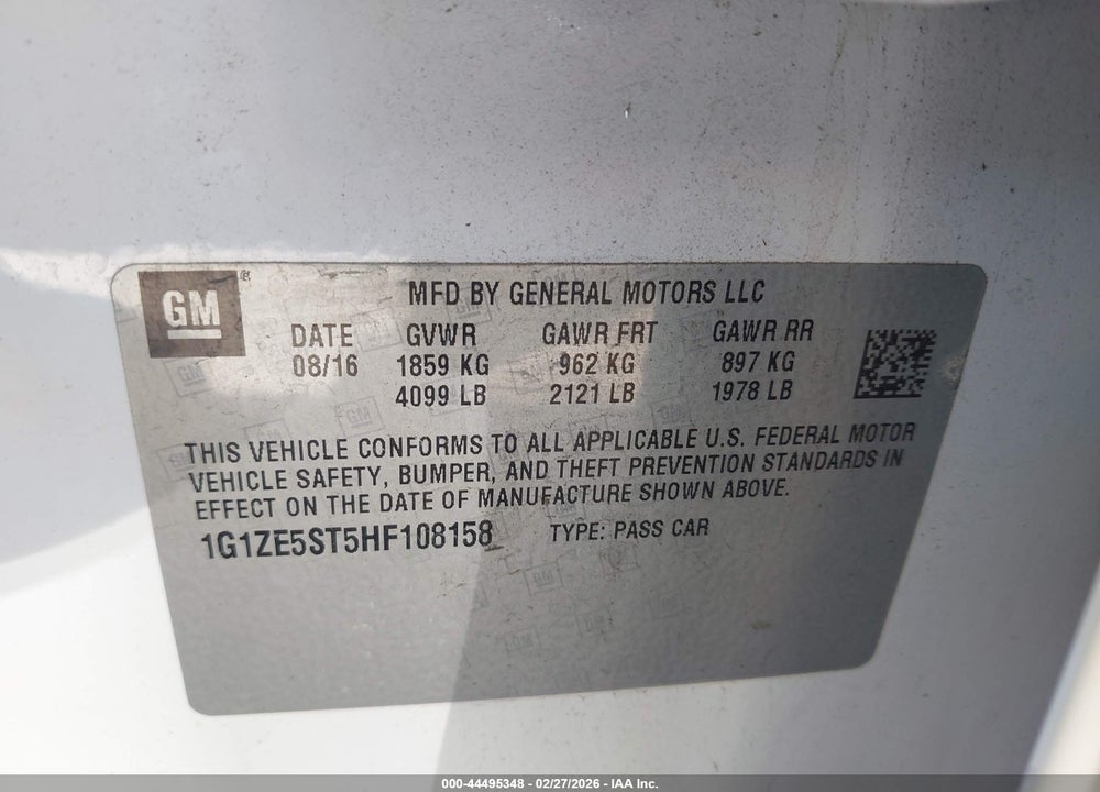 2017 CHEVROLET MALIBU 1LT VIN: 1G1ZE5ST5HF108158