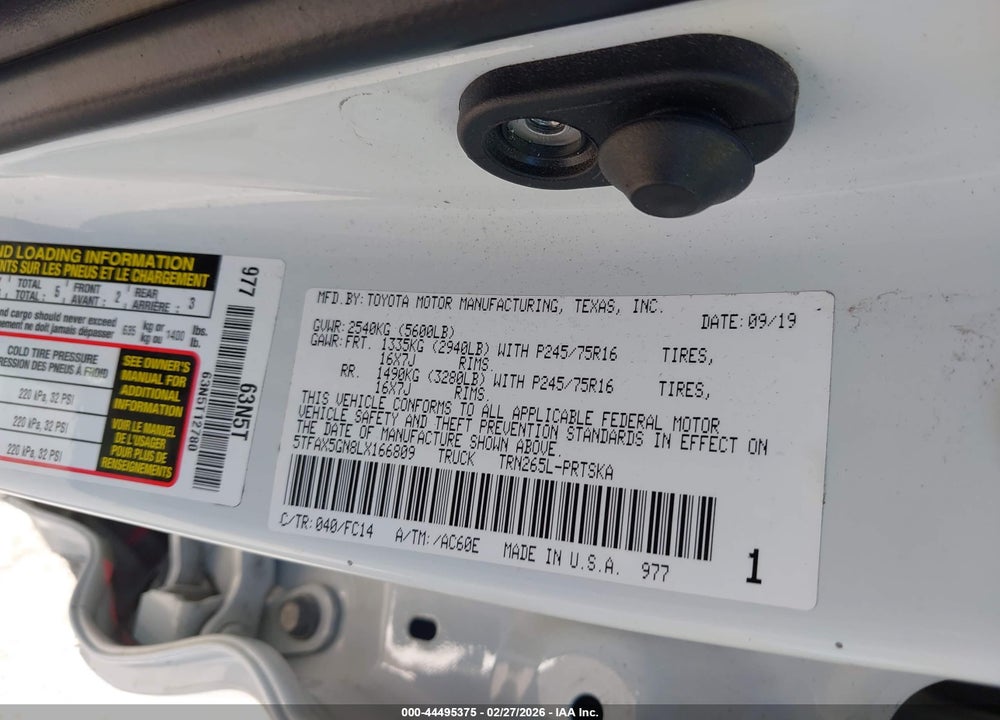 2020 TOYOTA TACOMA SR5 VIN: 5TFAX5GN8LX166809