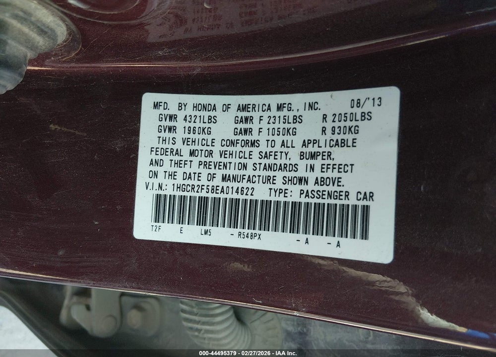 2014 HONDA ACCORD SPORT VIN: 1HGCR2F58EA014622
