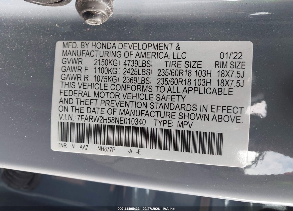 2022 HONDA CR-V AWD EX VIN: 7FARW2H58NE010340