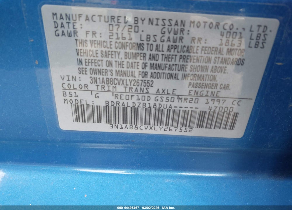 2020 NISSAN SENTRA SV XTRONIC CVT VIN: 3N1AB8CVXLY267552