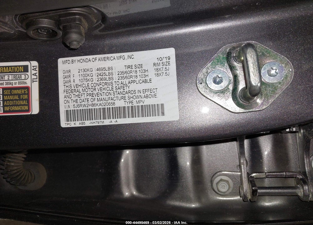 2019 HONDA CR-V EX-L VIN: 5J6RW2H86KA020658