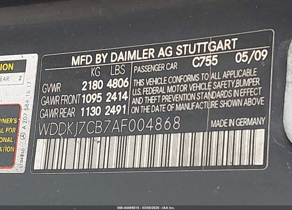 2010 MERCEDES-BENZ E 550 VIN: WDDKJ7CB7AF004868