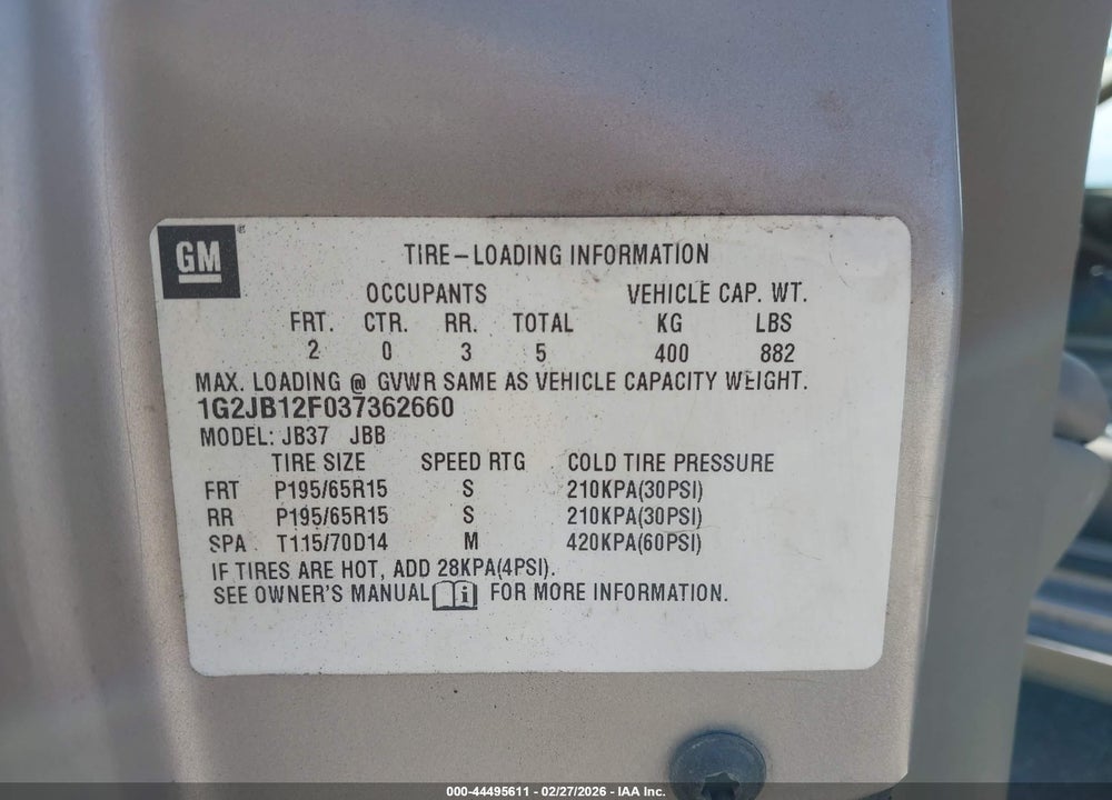 2003 PONTIAC SUNFIRE VIN: 1G2JB12F037362660