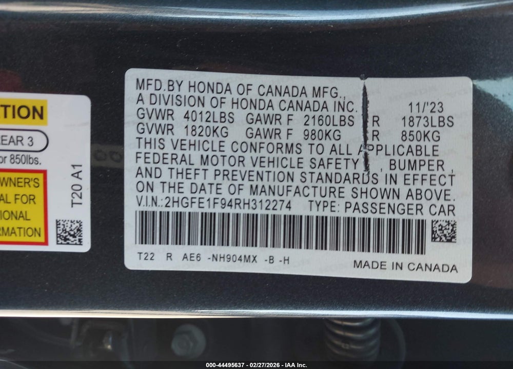 2024 HONDA CIVIC TOURING VIN: 2HGFE1F94RH312274