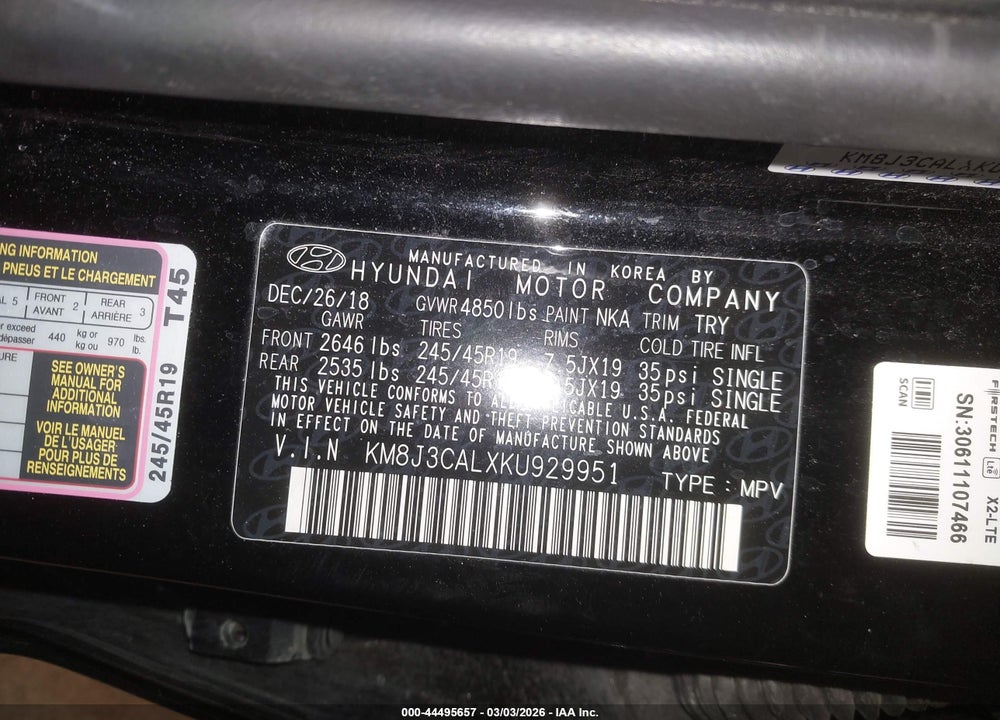 2019 HYUNDAI TUCSON SPORT VIN: KM8J3CALXKU929951