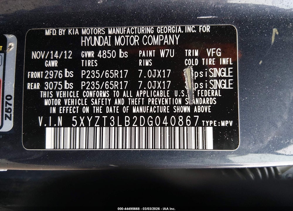 2013 HYUNDAI SANTA FE SPORT VIN: 5XYZT3LB2DG040867
