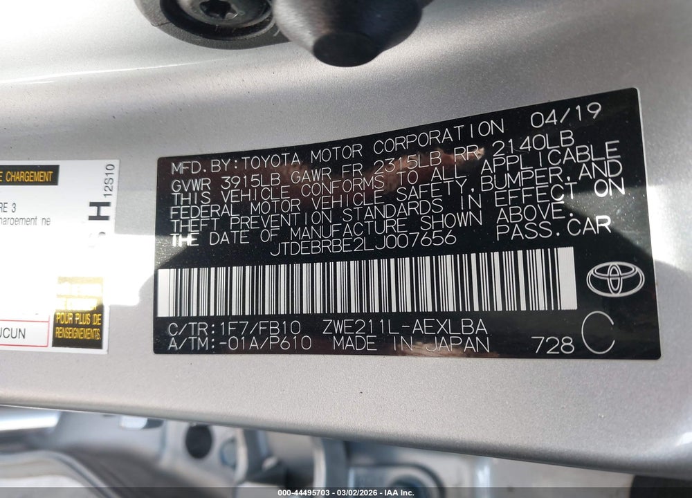 2020 TOYOTA COROLLA HYBRID LE VIN: JTDEBRBE2LJ007656