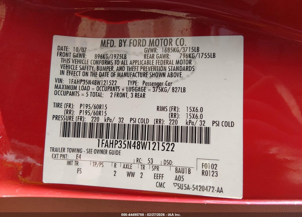 2008 FORD FOCUS SE/SES VIN: 1FAHP35N48W121522
