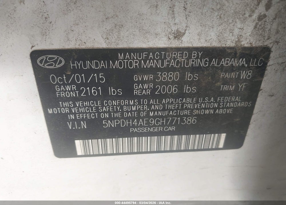 2016 HYUNDAI ELANTRA SE VIN: 5NPDH4AE9GH771386
