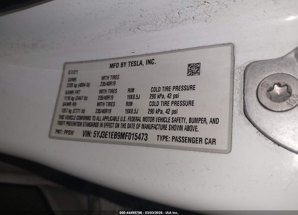 2021 TESLA MODEL 3 LONG RANGE DUAL MOTOR ALL-WHEEL DRIVE VIN: 5YJ3E1EB9MF015473