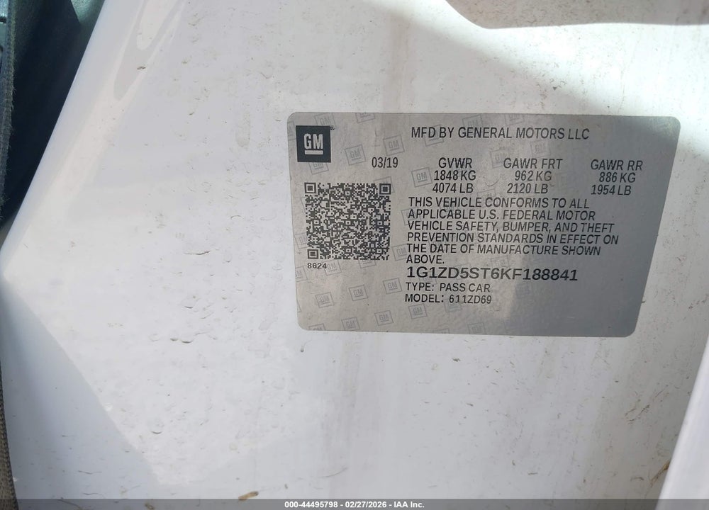 2019 CHEVROLET MALIBU LT VIN: 1G1ZD5ST6KF188841