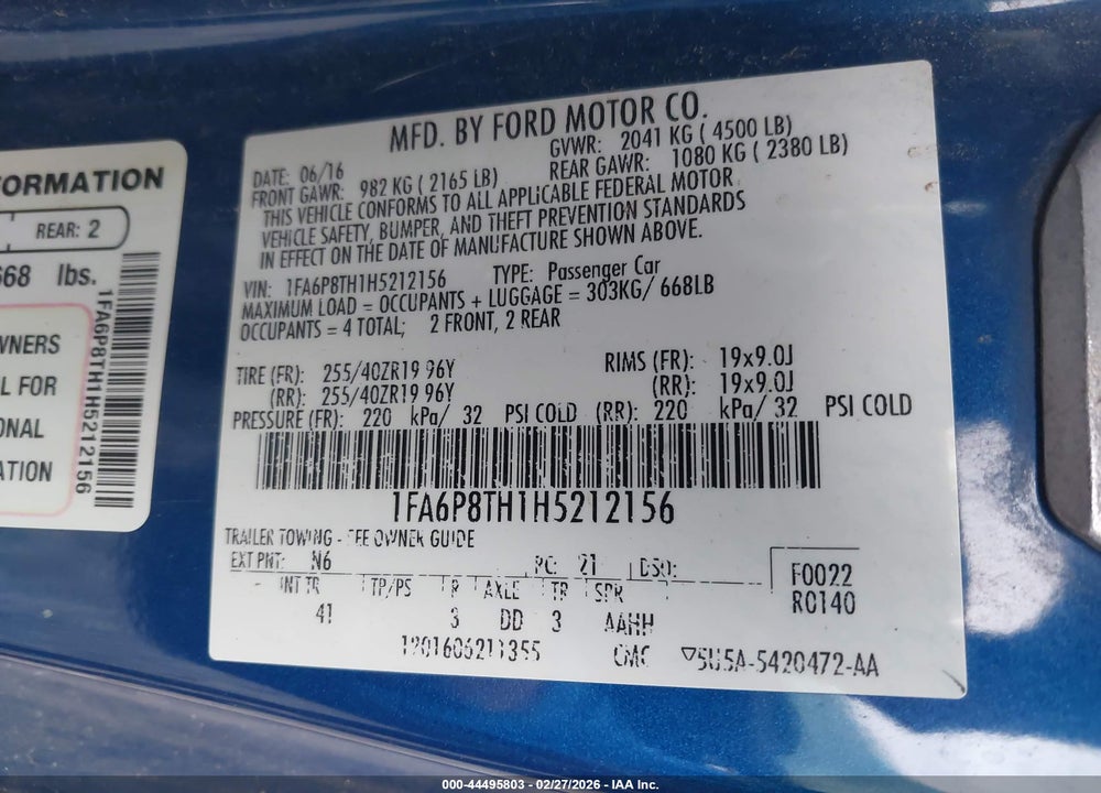 2017 FORD MUSTANG ECOBOOST VIN: 1FA6P8TH1H5212156
