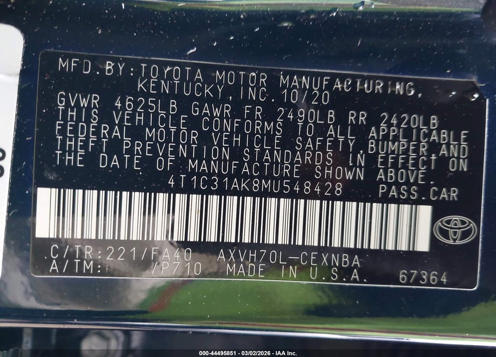 2021 TOYOTA CAMRY LE HYBRID VIN: 4T1C31AK8MU548428