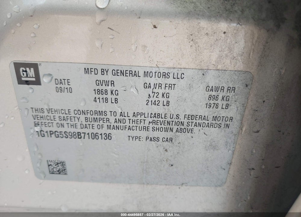 2011 CHEVROLET CRUZE 2LT VIN: 1G1PG5S98B7106136