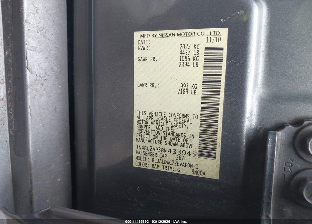 2011 NISSAN ALTIMA 3.5 SR VIN: 1N4BL2AP3BN433945