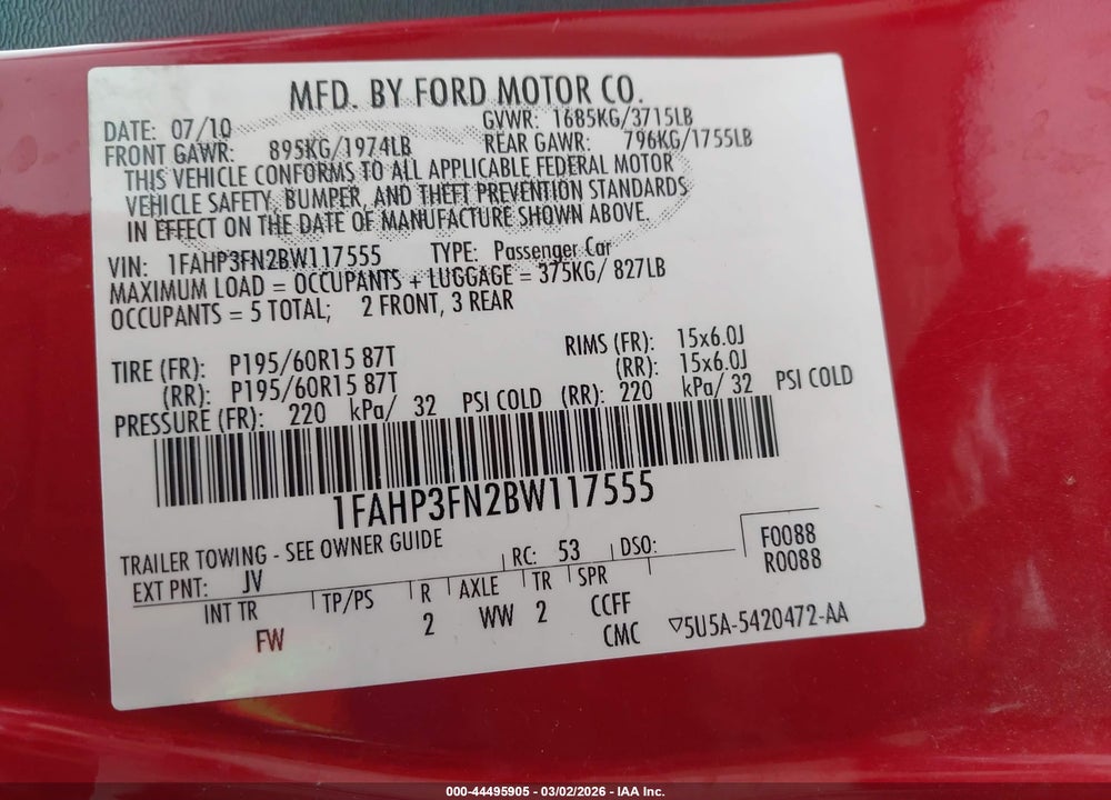 2011 FORD FOCUS SE VIN: 1FAHP3FN2BW117555
