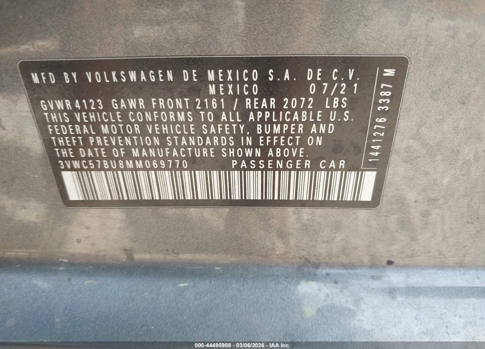 2021 VOLKSWAGEN JETTA 1.4T R-LINE/1.4T S/1.4T SE VIN: 3VWC57BU8MM069770