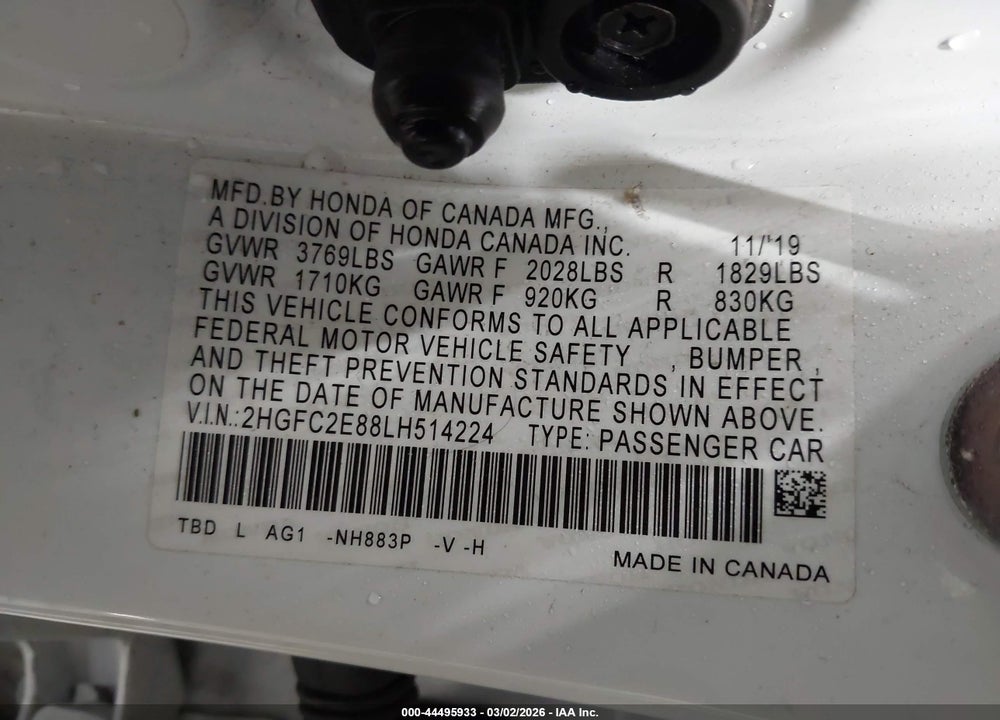 2020 HONDA CIVIC SPORT VIN: 2HGFC2E88LH514224