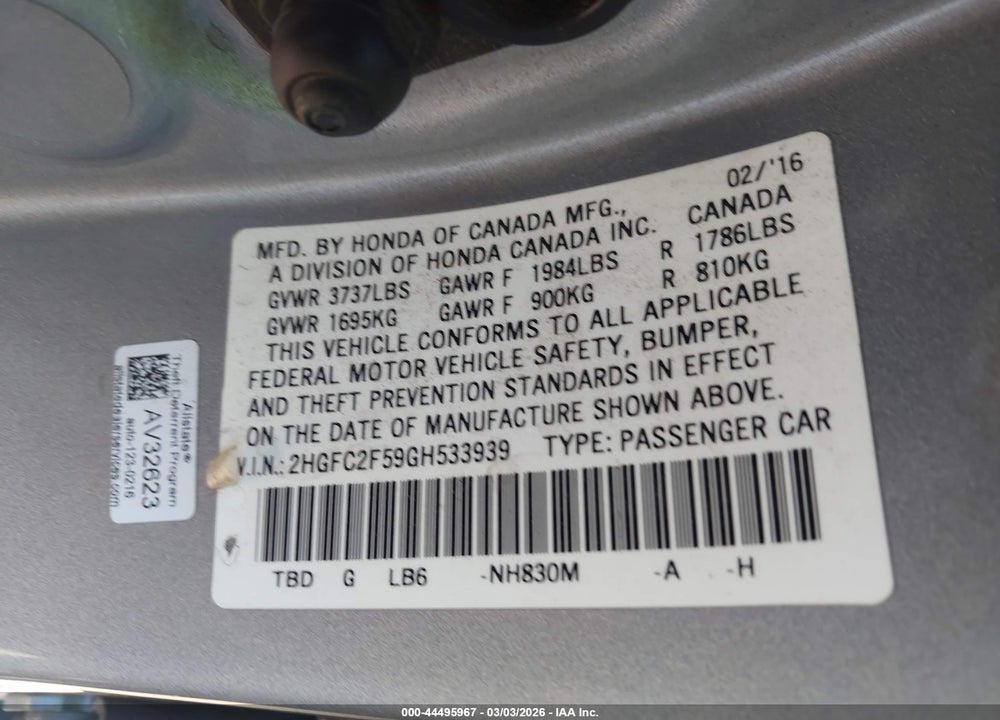 2016 HONDA CIVIC LX VIN: 2HGFC2F59GH533939