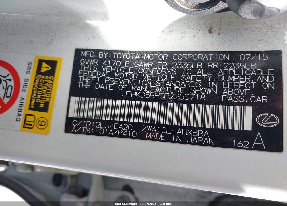 2015 LEXUS CT 200H VIN: JTHKD5BH0F2250718