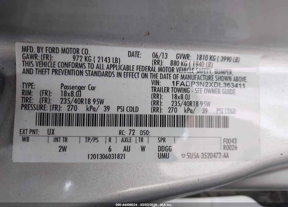 2013 FORD FOCUS TITANIUM VIN: 1FADP3N2XDL363411